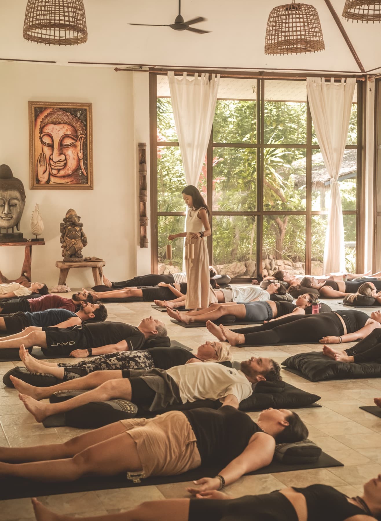 Guests in savasana during a class at Wonderland