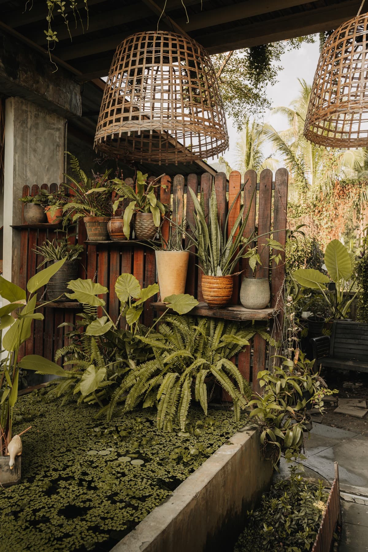 Garden corner with bamboo hanging lamps and lily pond